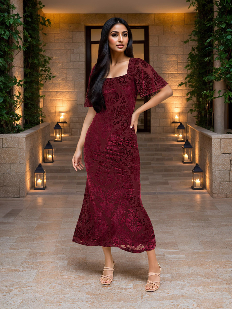 Jacquard Velvet Mermaid Hem Midi Dress For Women at UAE | Styli