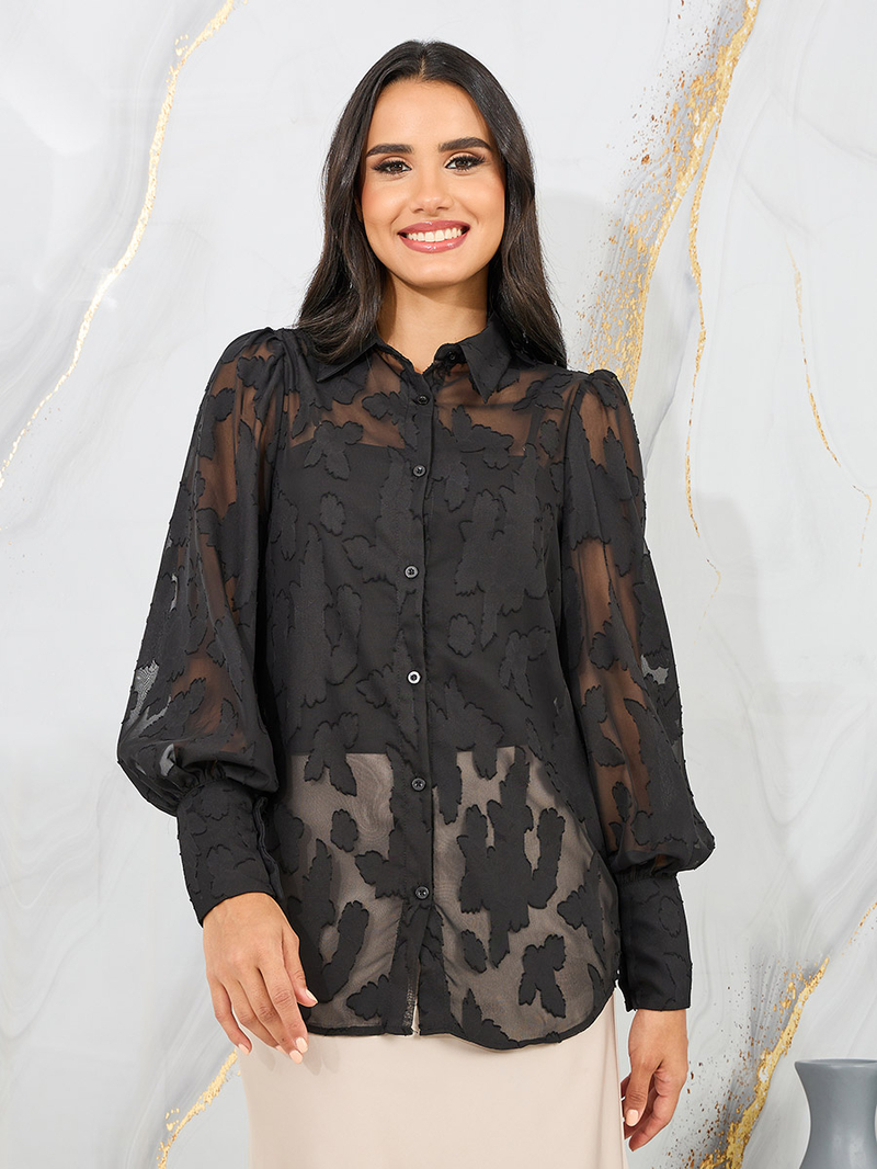 Sheer Burnout Texture Bishop Sleeves Shirt For Women at