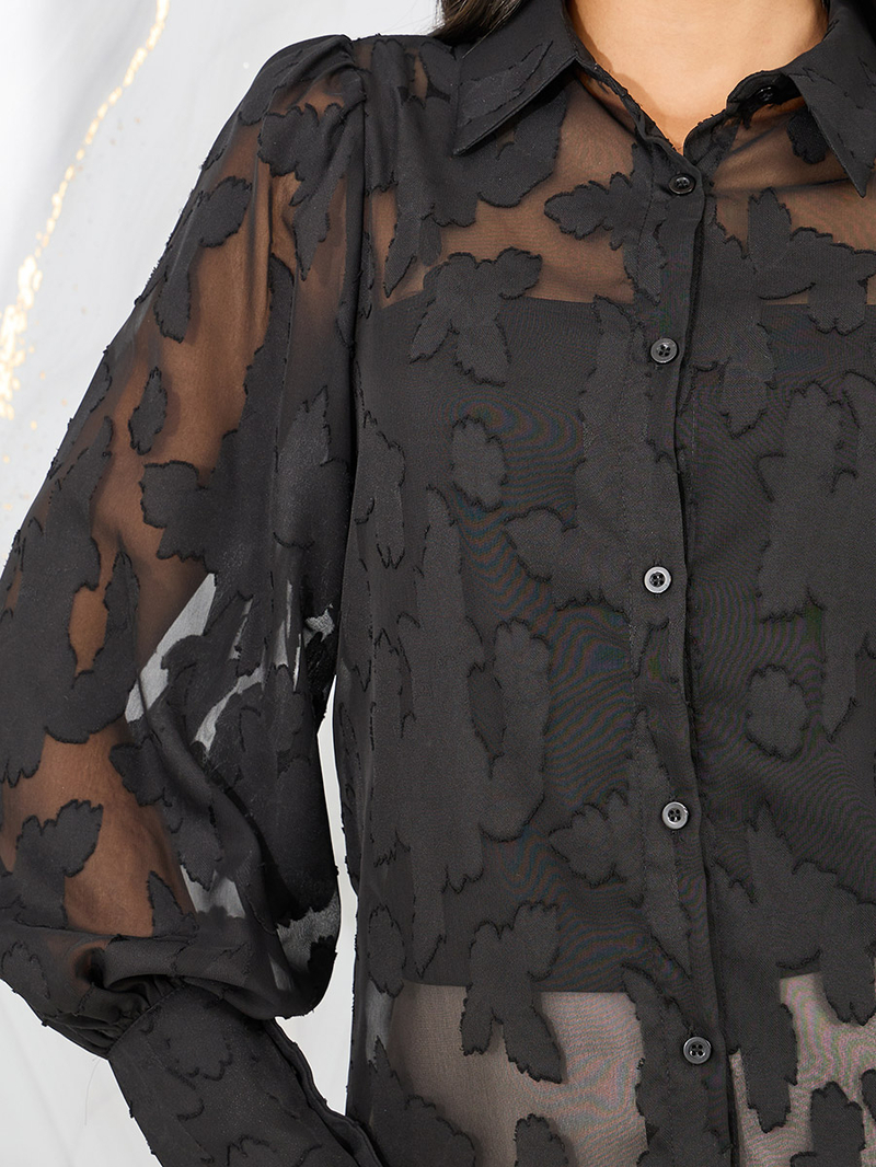 6 (ROKU) - horme ホルメ　Mutton sleeve shirring blouse Nine Minutes Long Sleeved Sheer Blouse With Ribbon Collar