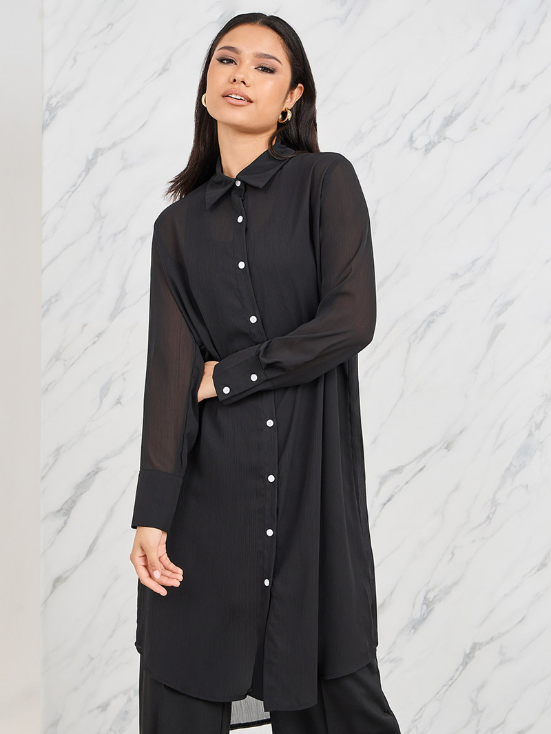 Buy Solid Mesh Tunic Longline Shirt Black For Women | Styli