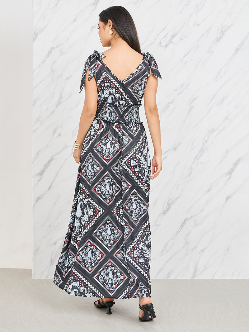Buy Scarf Print Smocked Waist Tie Sleeves A-Line Maxi Dress