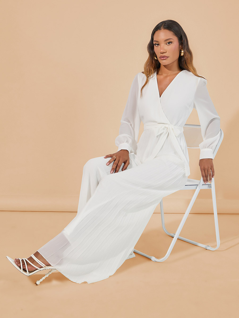 Buy Wide Leg Pleated Chiffon Jumpsuit Off White For Women Styli UAE