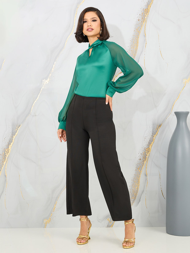 ★MOHAN★ TWS DRAPED NECK HALF SLEEVE SLIM TOP _3 COLOR Buy Satin Twist Detail High Neck Sheer Sleeves Blouse Green