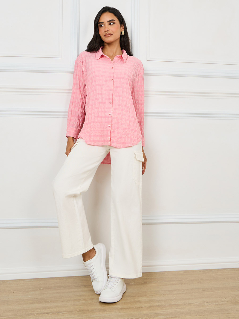 Buy Oversized Shirred Texture Curved Hem Longline Shirt