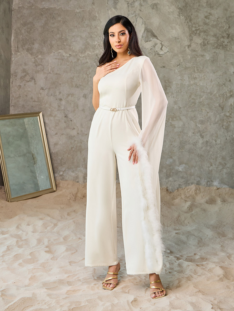 Buy Faux Fur Trim One Shoulder Sleeves Wide Leg Jumpsuit Off