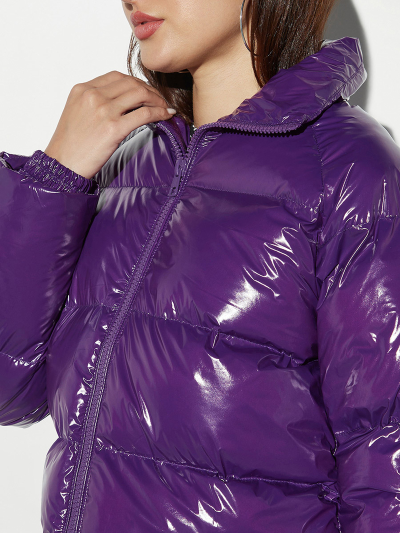 Buy High Neck Cropped Puffer Jacket with Zip Closure Purple