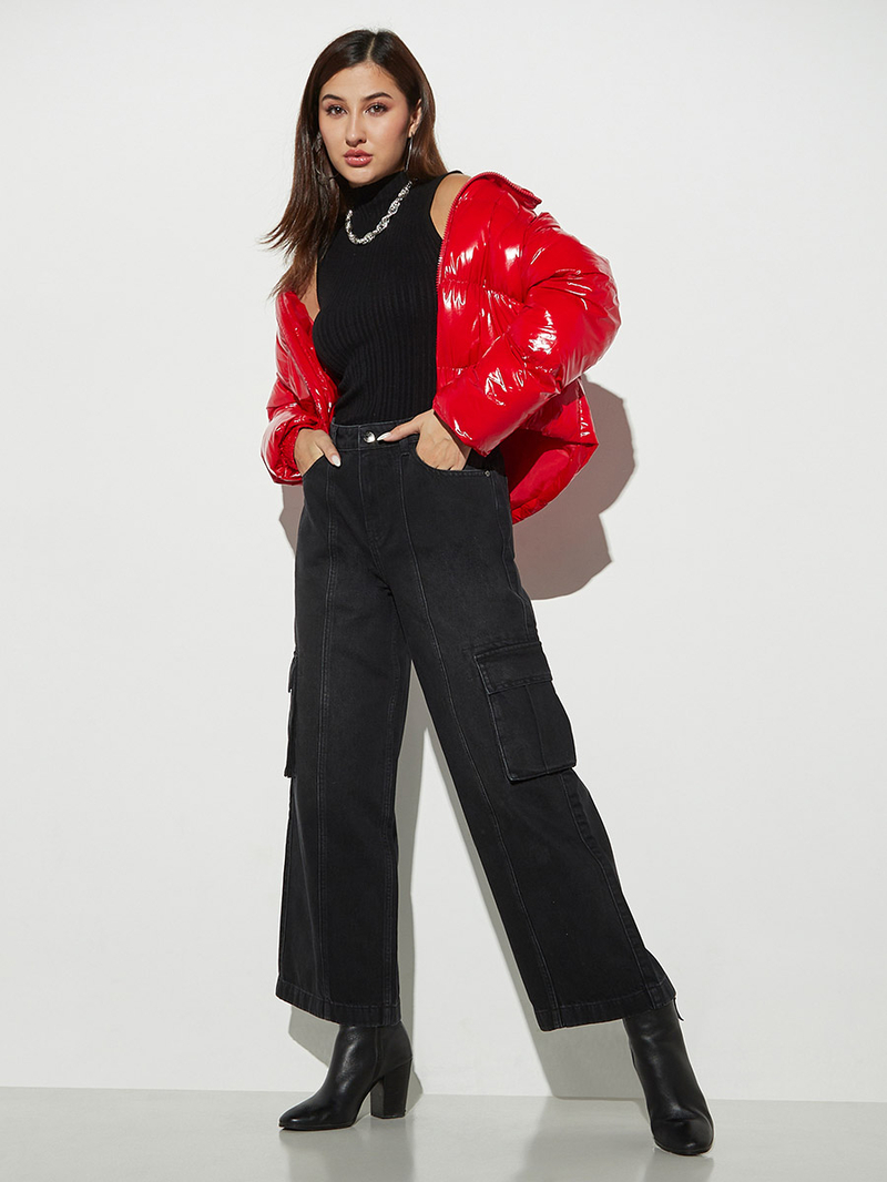 【SATIIIZ】Riad Crop Padded Flight Jacket Buy High Neck Cropped Puffer Jacket with Zip Closure Red For