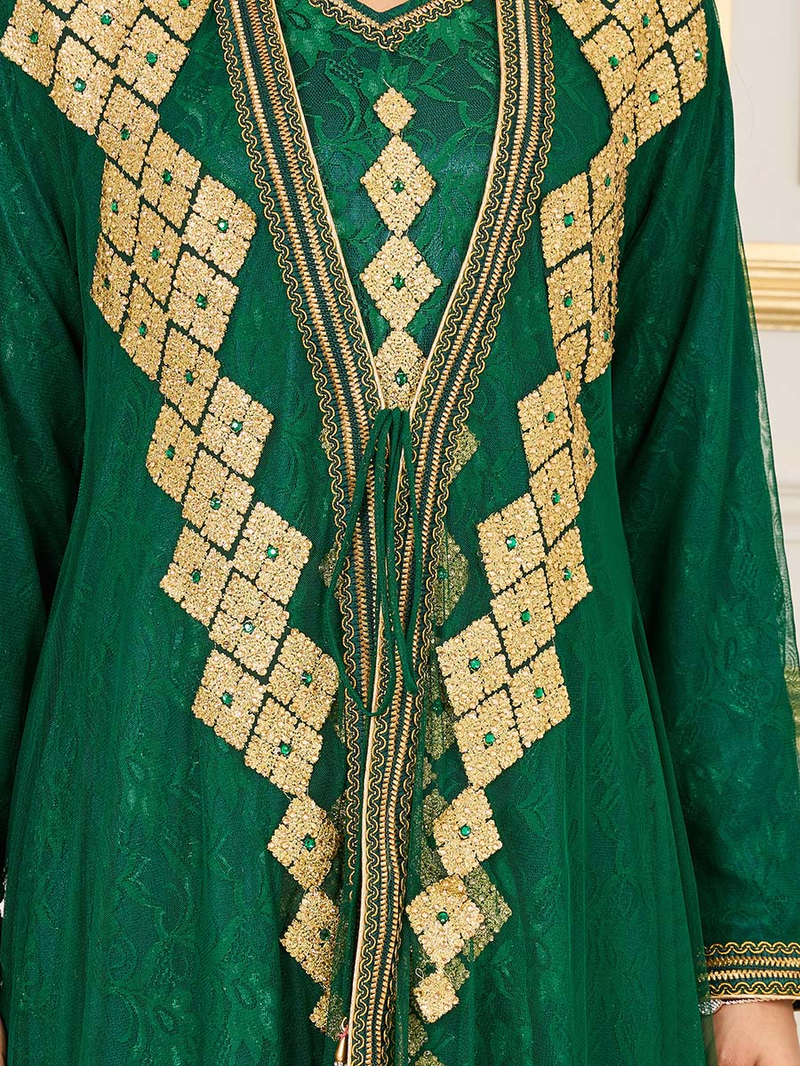 Buy All Over Lace Embroidered Rhinestone Detail Kaftan Green
