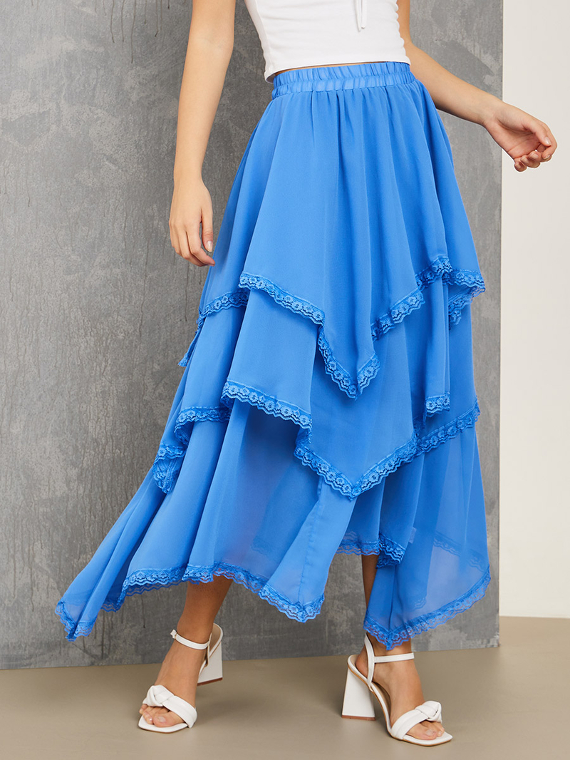 Buy Asymmetric Layered Skirt with Lace Trim Detail Blue For