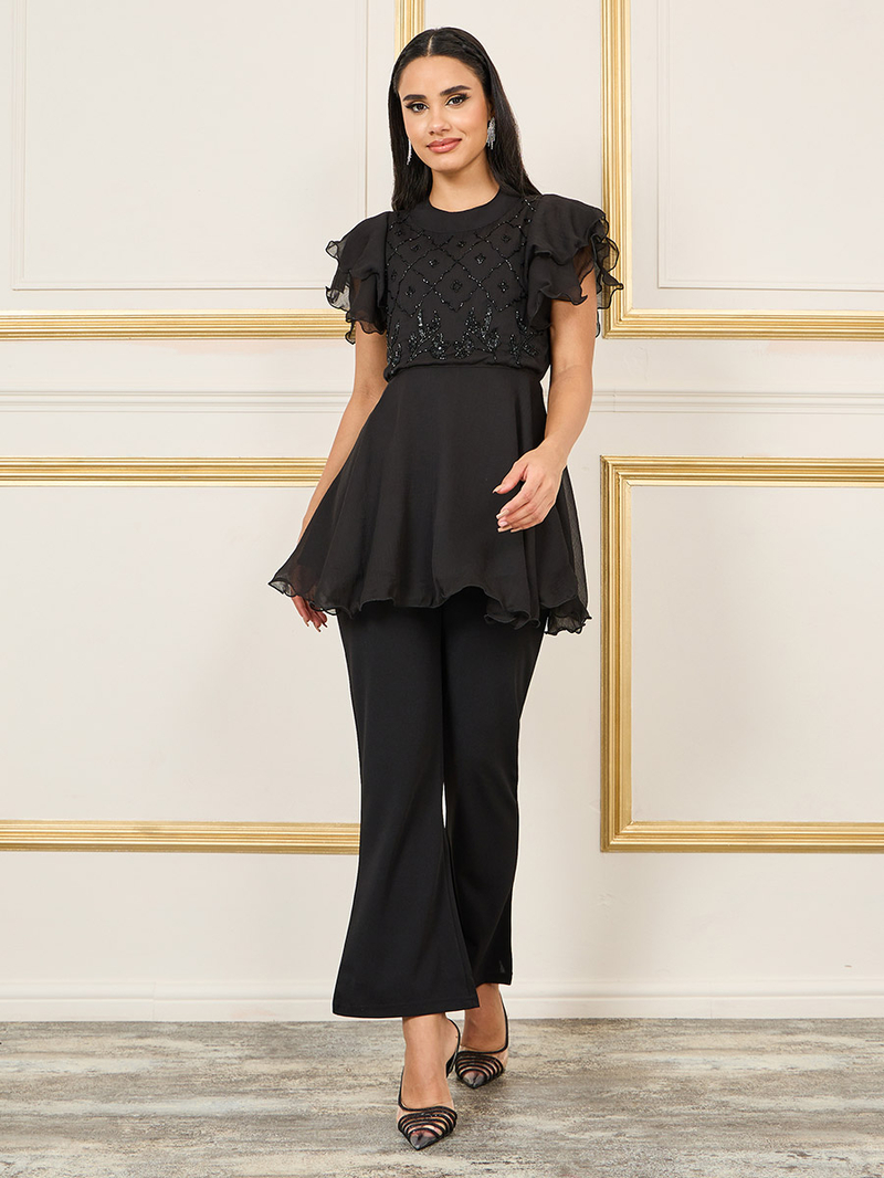 【新品】peplum frill wide pants ブラック Buy Embellished Layer Ruffle Sleeves Peplum Top and Flared