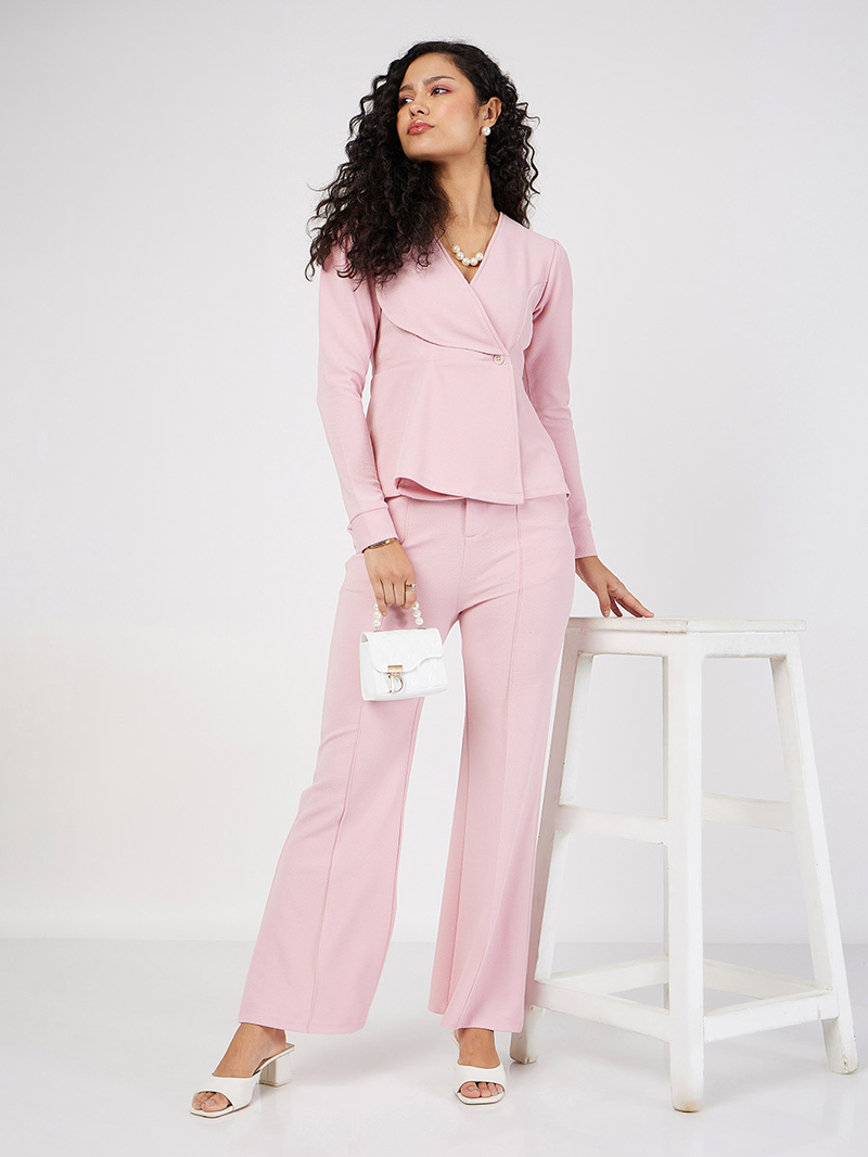 Buy Wrap Peplum Top and Bell Bottom Pants Co-Ords Pink For