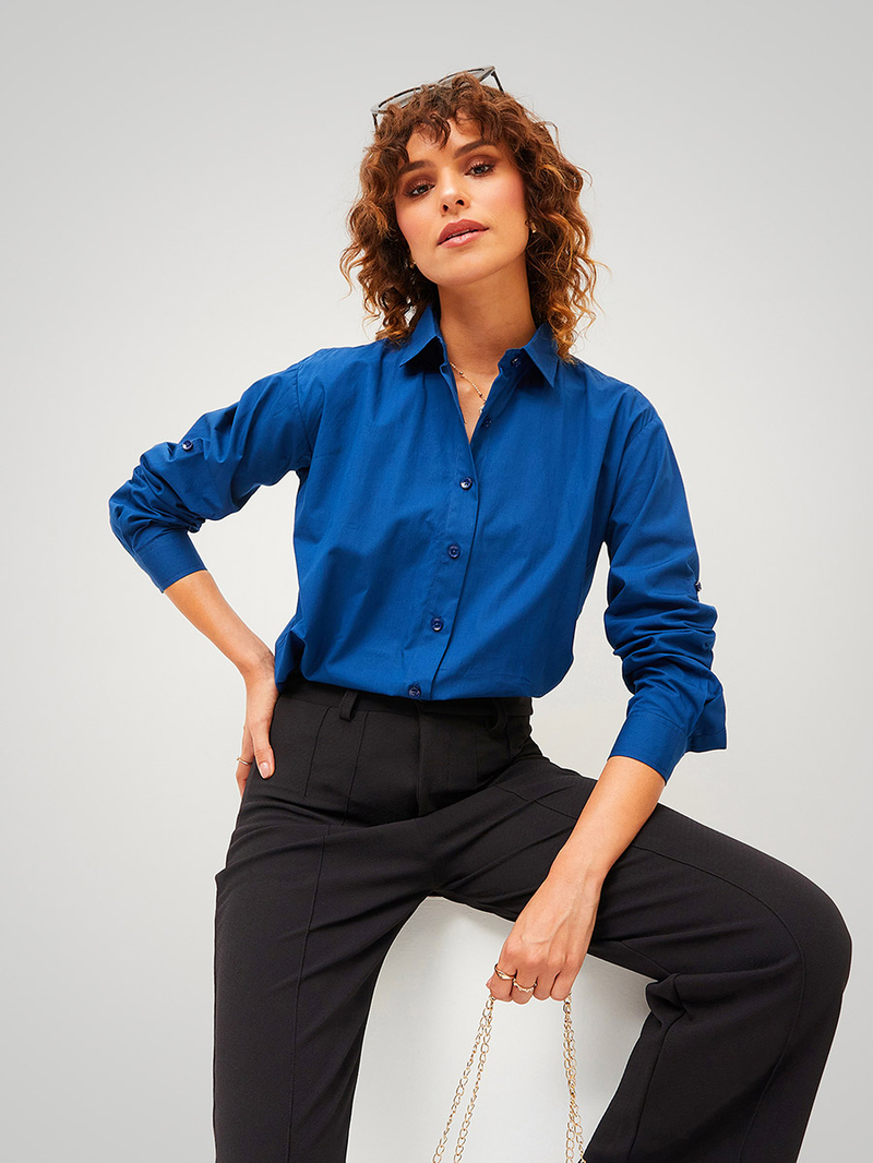 Buy Oversized Solid Poplin Shirt Navy Blue For Women | Styli