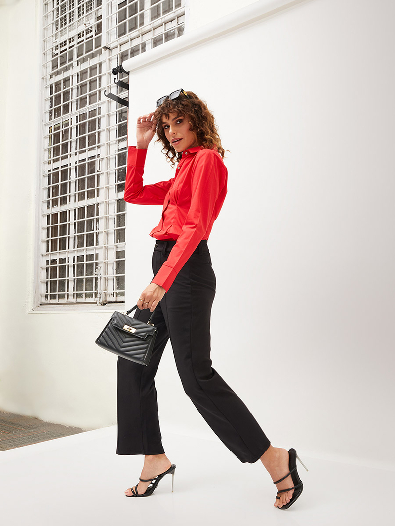 Buy Pleated Detail Push Button Closure Shirt Red For Women