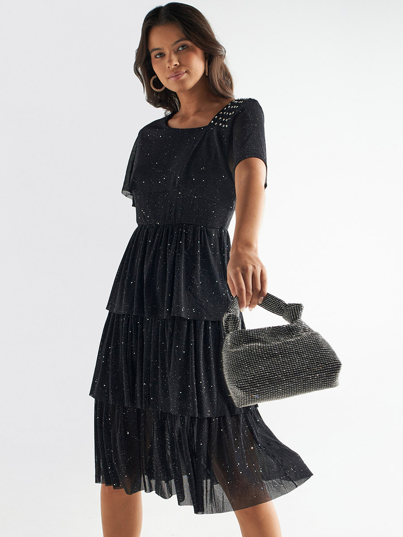 Buy Embellished Ruffle Detail Layered Knee Length Dress