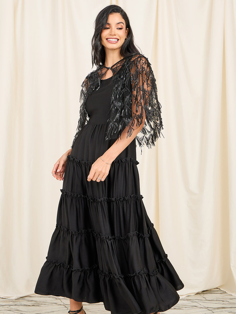Buy Sequin Embellished Cape Frill Detail Tiered Maxi Dress