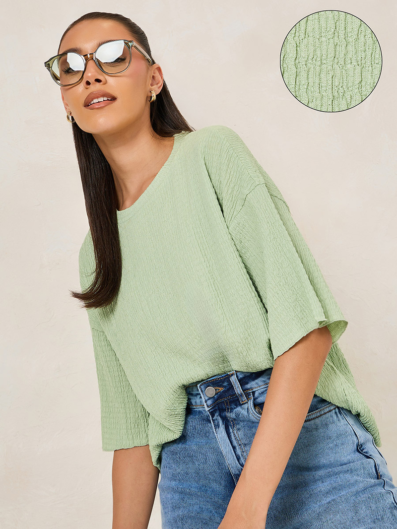 Buy Oversized Textured Drop Shoulder T-Shirt Green For Women