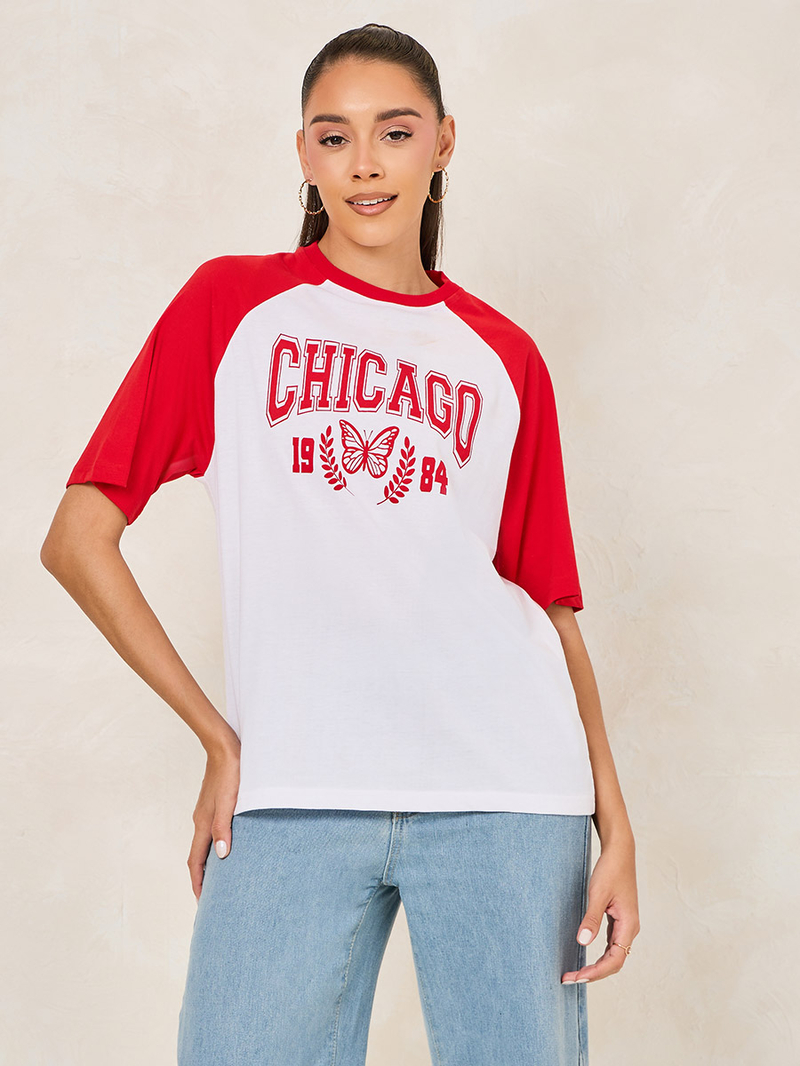 Buy Oversized Chicago Print Colorblock T-Shirt Red For Women