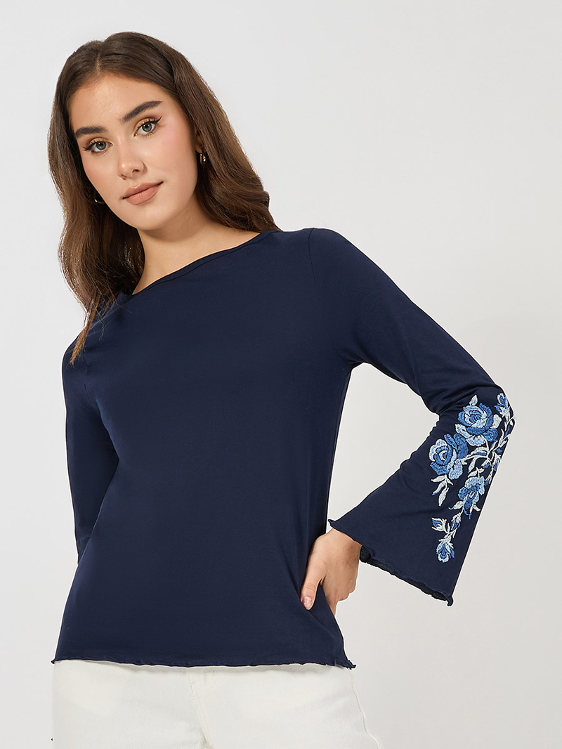 Buy Embroidery Cuff Detail Bell Sleeves T-Shirt Off White