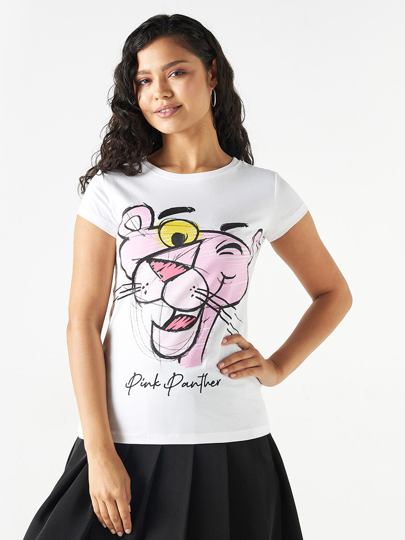 Buy Pink Panther Graphic Print Crew Neck T-Shirt White For