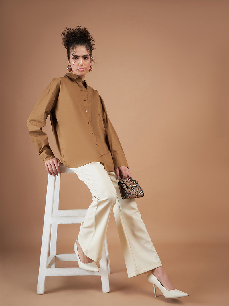 Buy Oversized Solid Shirt with Drop Shoulder Sleeves Brown