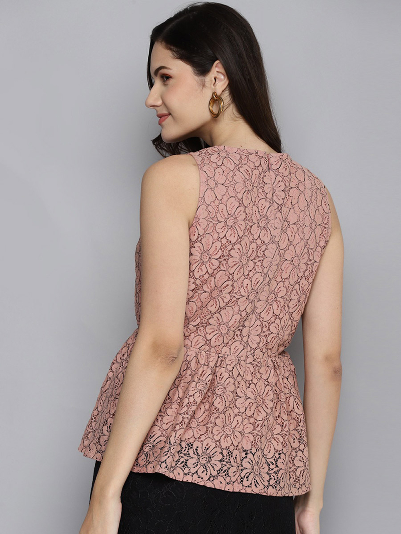 Buy Floral Embroidered Sleeveless Peplum Top Pink For Women