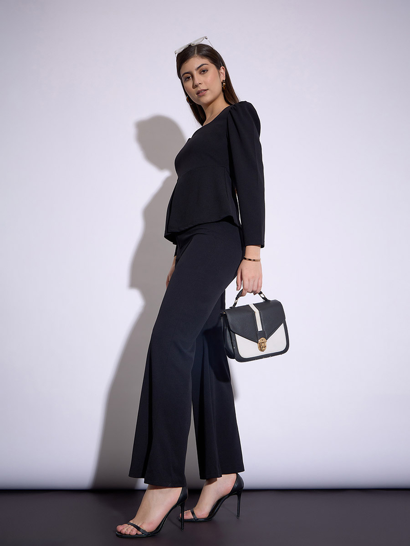 Buy Sweetheart Neck Peplum Top with Front Slit Black For