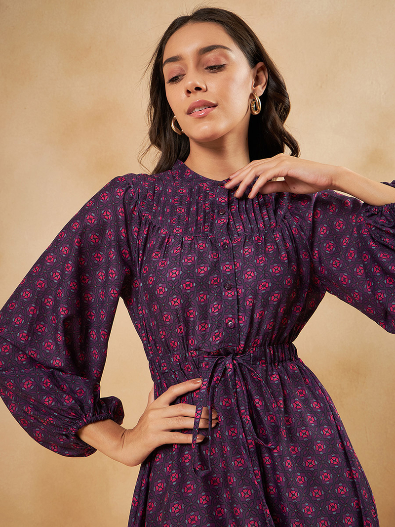 Buy All Over Print Tie Up Detail Knee Length Dress Purple