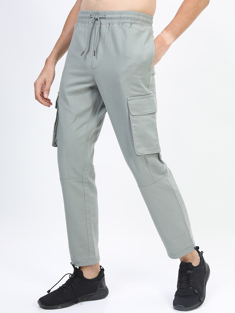Buy Panelled Cargo Pants with Drawstring Hem Grey For Men