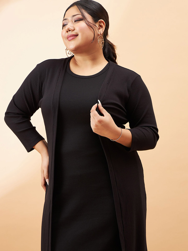 Buy Plus Ribbed Bodycon Midi Dress with Shrug Set Black For