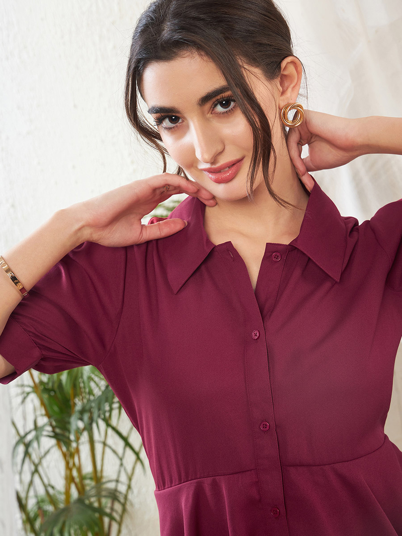 Buy Frill Detail Shirt Style Blouse Maroon For Women | Styli