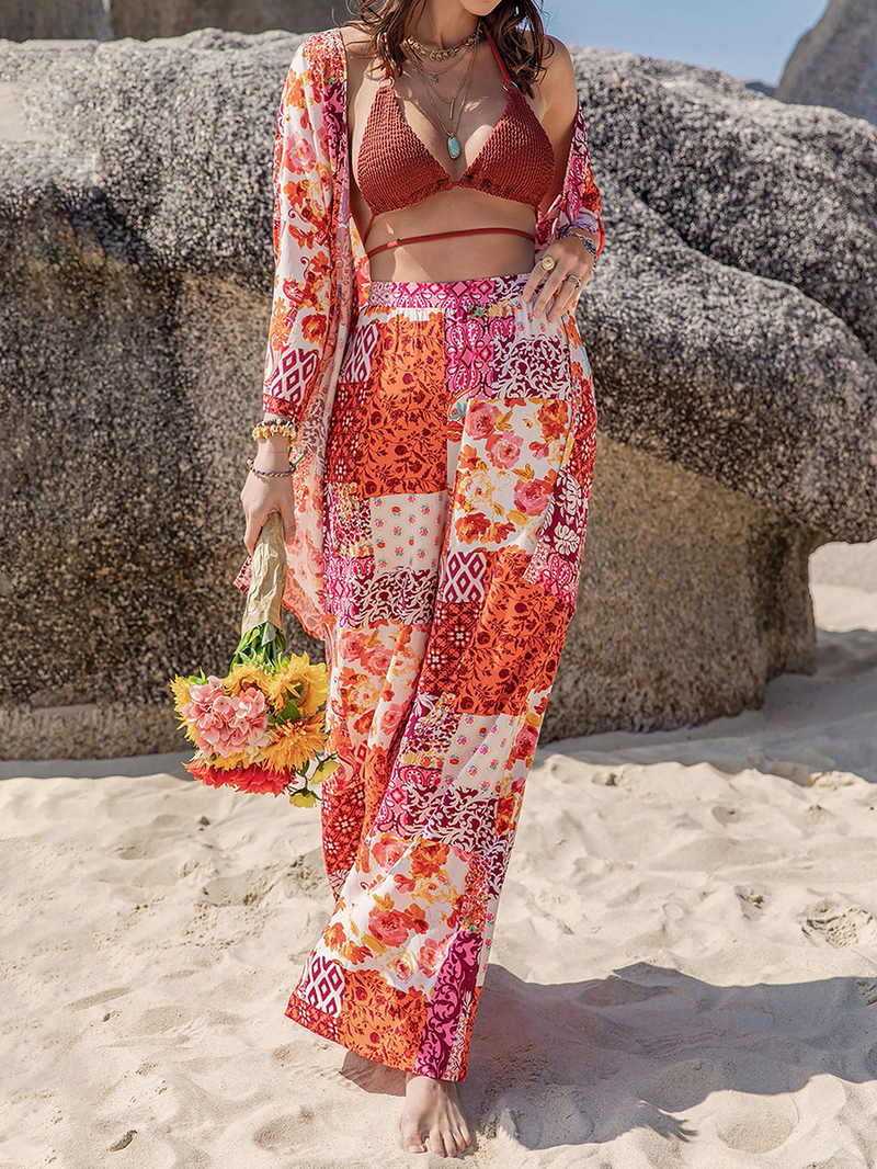 Buy Paisley Print Kimono and Wide Leg Pants Without Bra Co