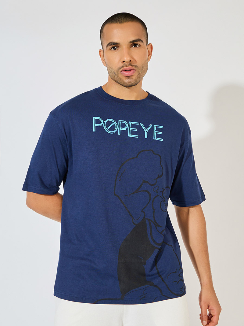Buy Popeye Character Print Oversized T-Shirt Navy Blue For