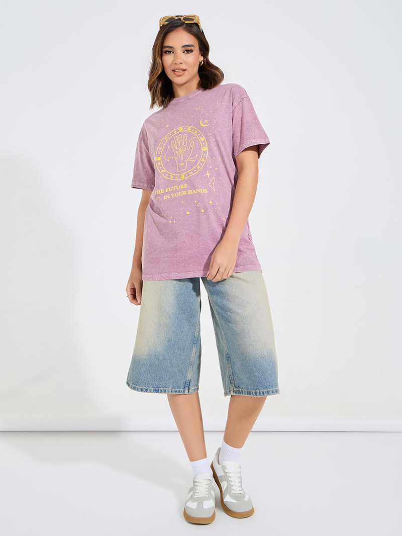 Buy Oversized Acid Wash Stars Graphic T-Shirt with Dropped