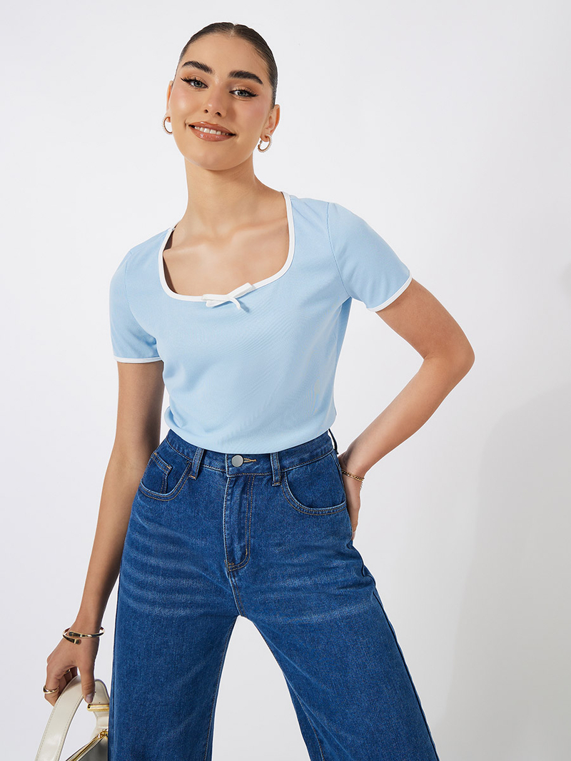 Buy Solid Ribbed Top with Piping Detail and Square Neck Blue