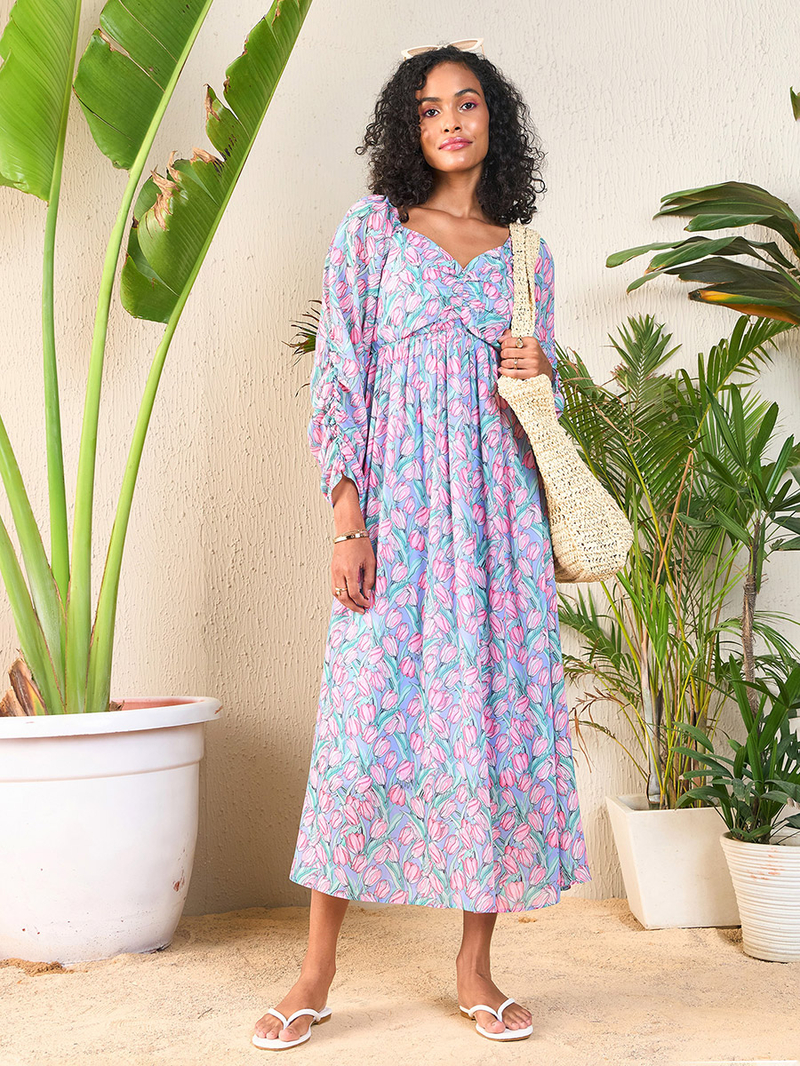 Buy Tulip Print Sweetheart Neck Midi Dress Multi For Women