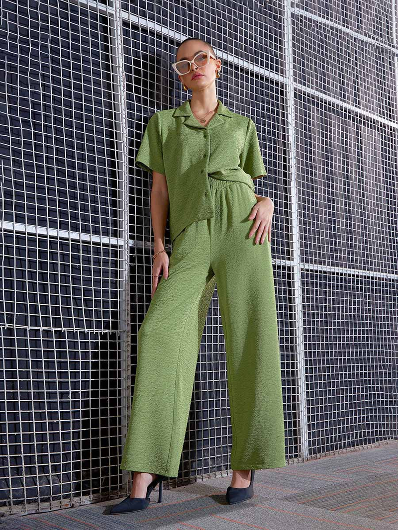 Buy Textured Knit Notch Collar Shirt and Darted Pants Co