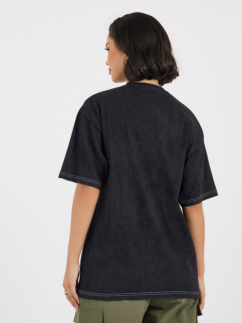 Buy Acid Washed Printed Oversized T-Shirt Black For Women