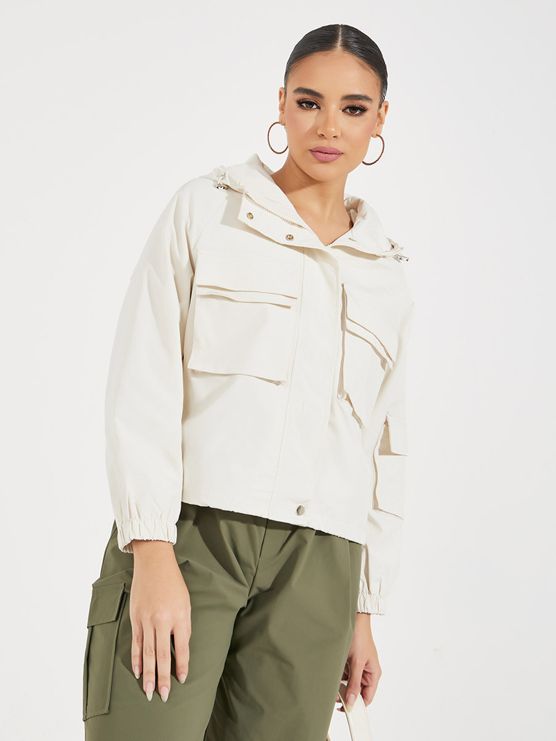 Boxy Fit Short Length Utility Jacket For Women at Saudi | Styli