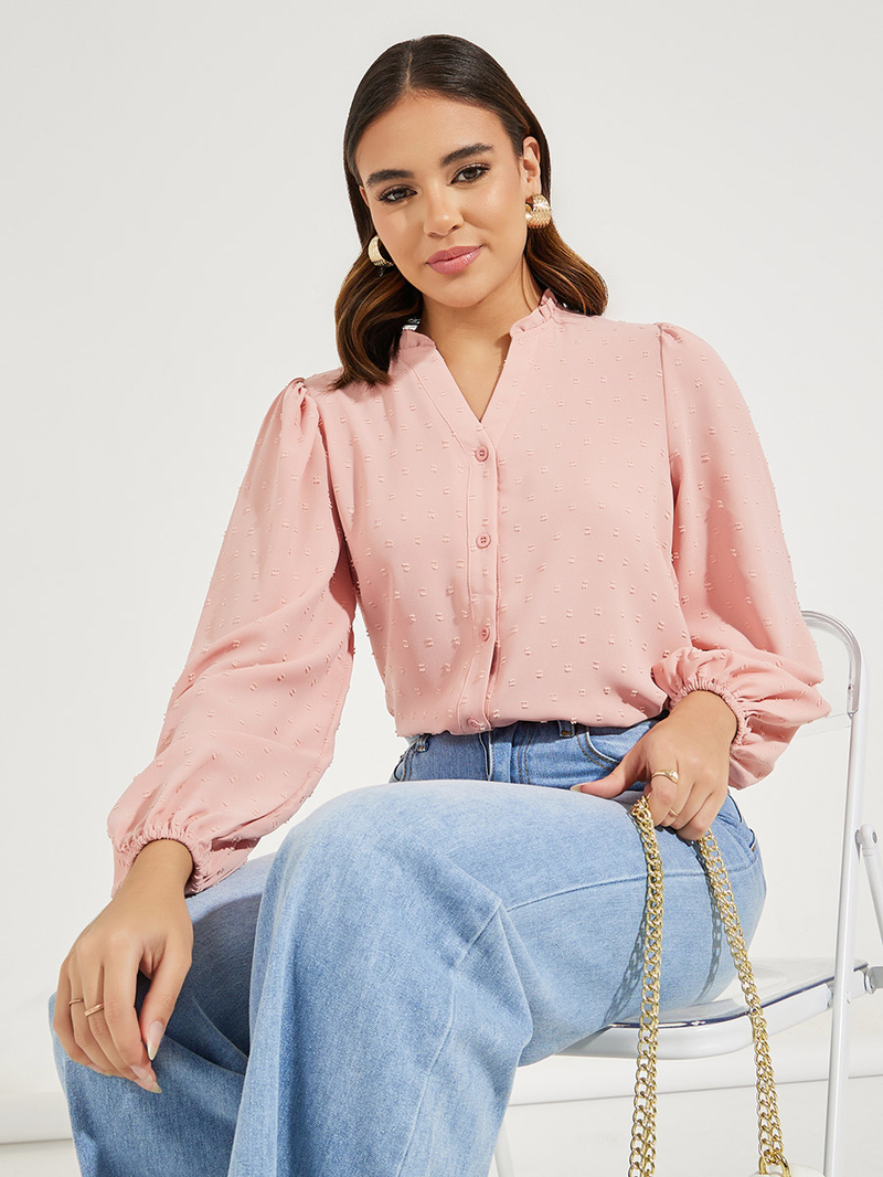 Buy Dobby Style Notch Neck Blouse with Balloon Sleeves Pink