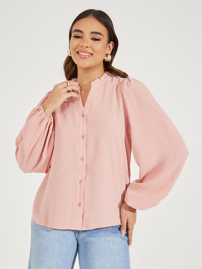 Buy Dobby Style Notch Neck Blouse with Balloon Sleeves Pink