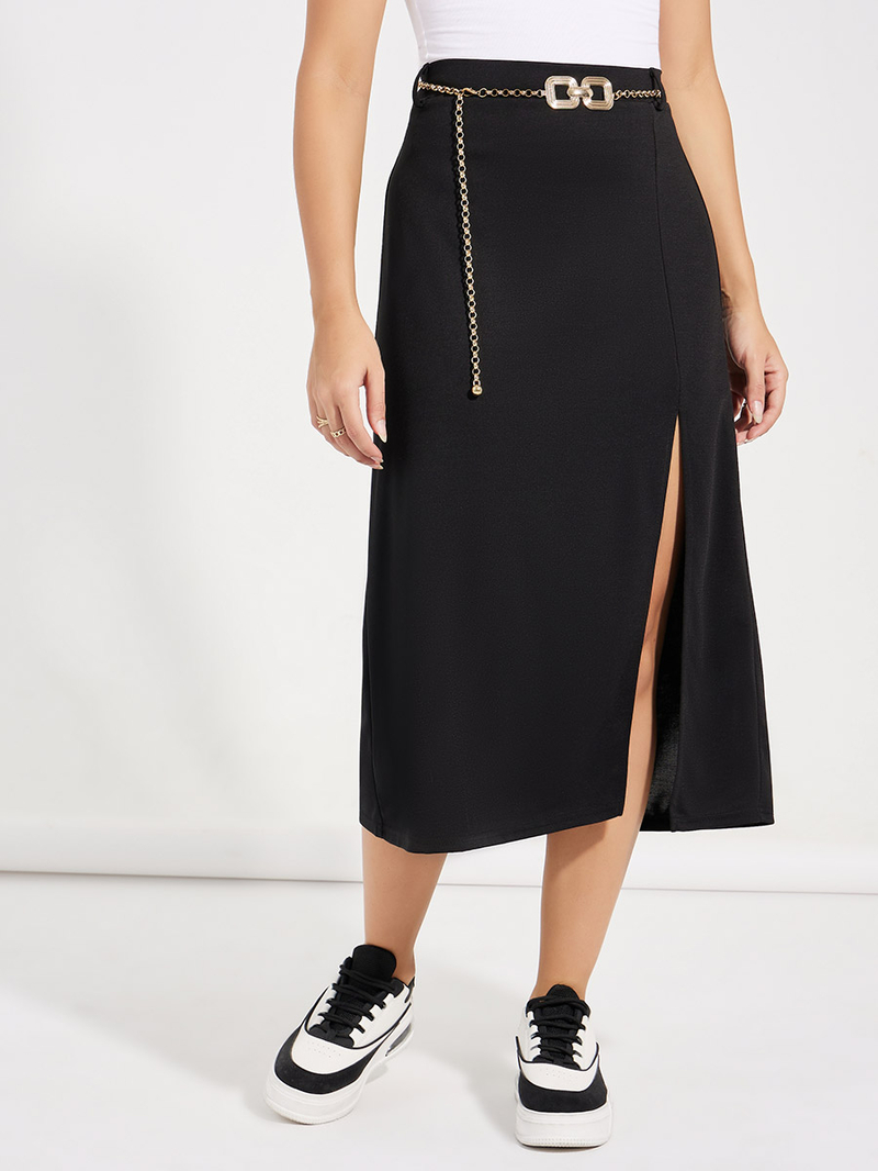 Buy Side Split Midi Skirt with Belt Loops Black For Women