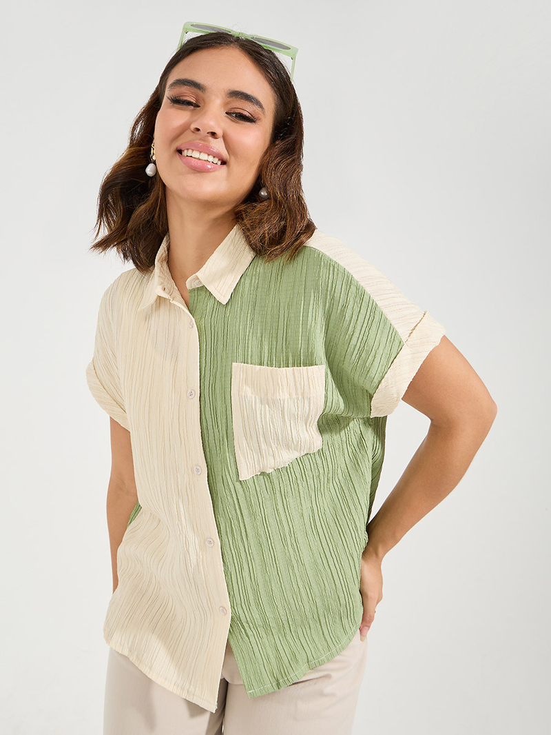 Buy Textured Color Block Shirt with Turn-Up Sleeve Multi For