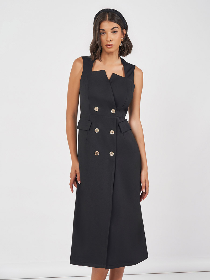 Buy Button Detail Sleeveless Blazer Midi Dress Black For