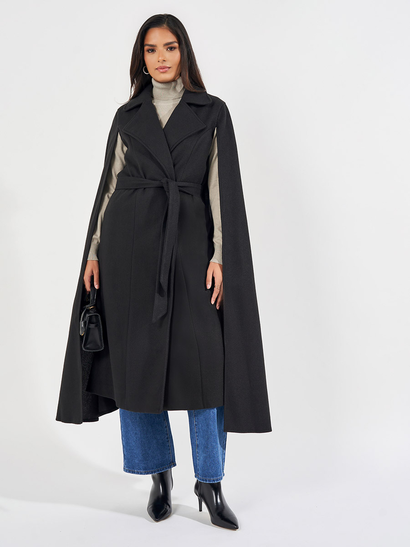 Buy Regular Fit Midi Wool Like Coat with Cape Sleeves Black