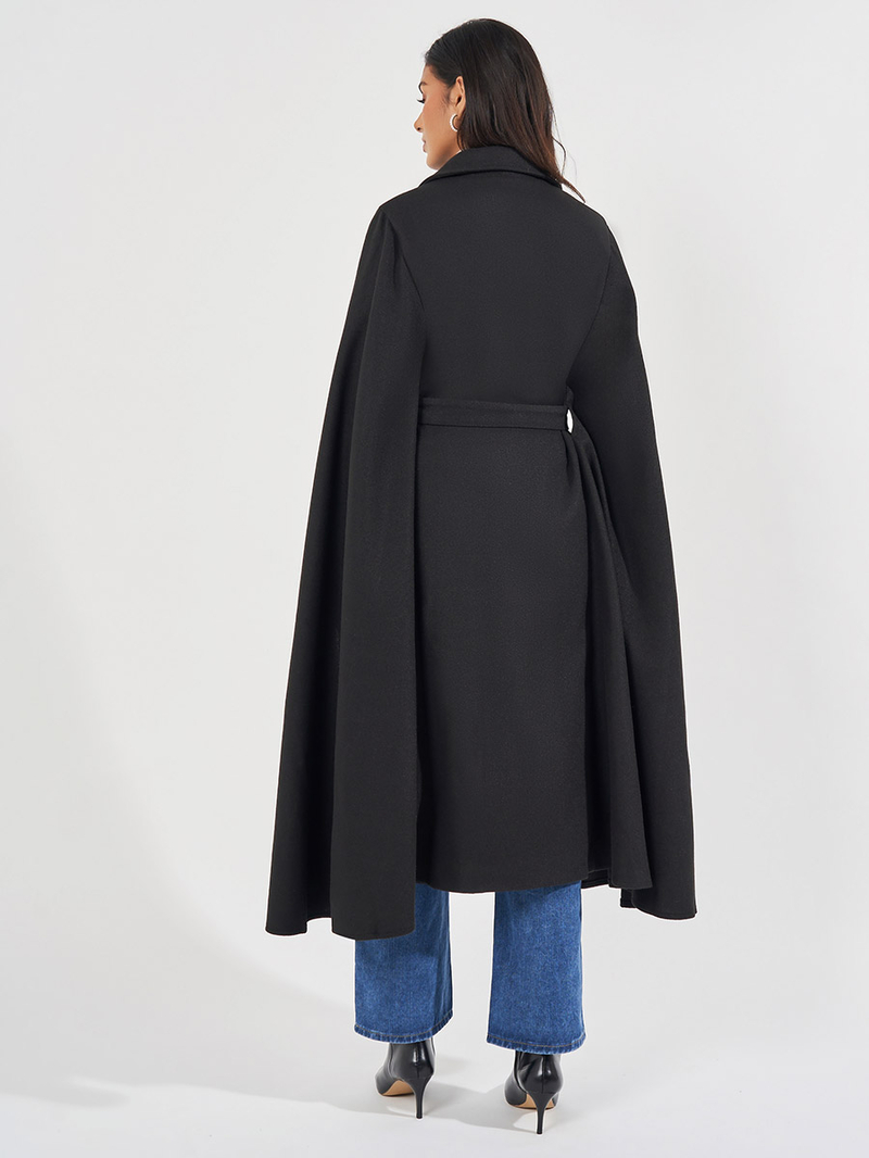 Buy Regular Fit Midi Wool Like Coat with Cape Sleeves Black