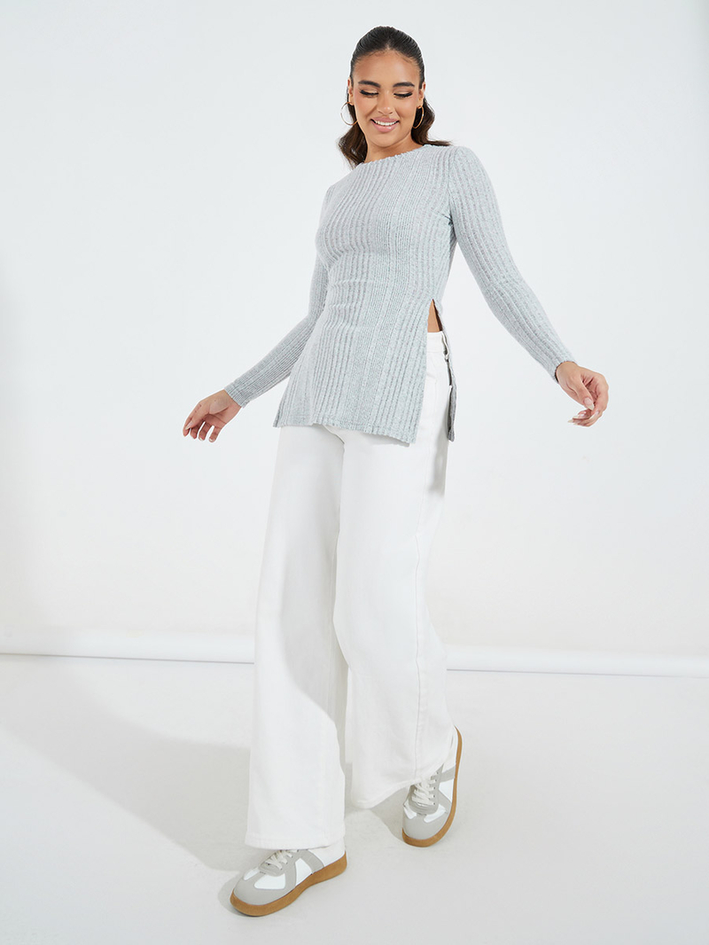 Buy Rib Knit Top with Side Slit Grey For Women | Styli Saudi
