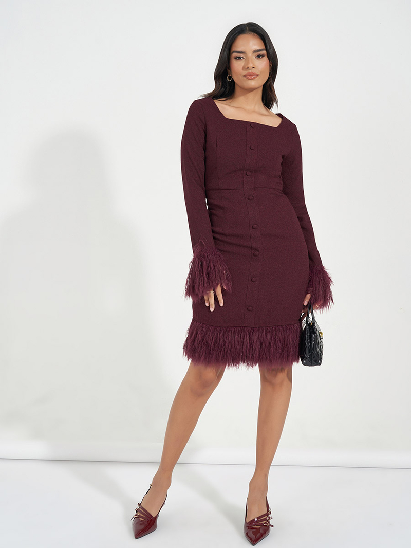 Buy Tweed Sheath Knee Length Dress with Faux Fur Detail