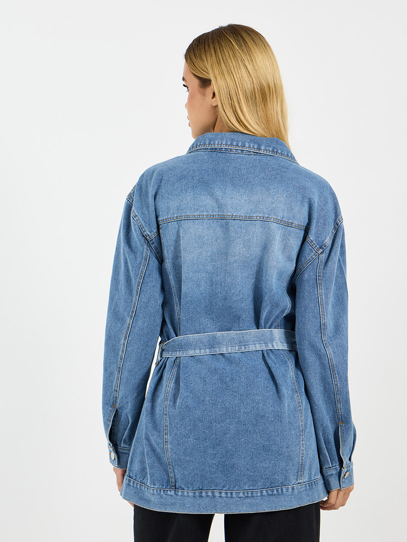 Buy Regular Fit Longline Belted Denim Jacket Blue For Women