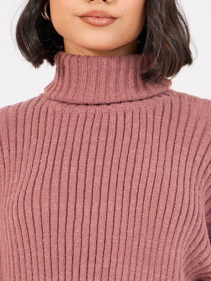 Turtle Neck Knit Top with Turn-Up Cuffed For Women at Saudi