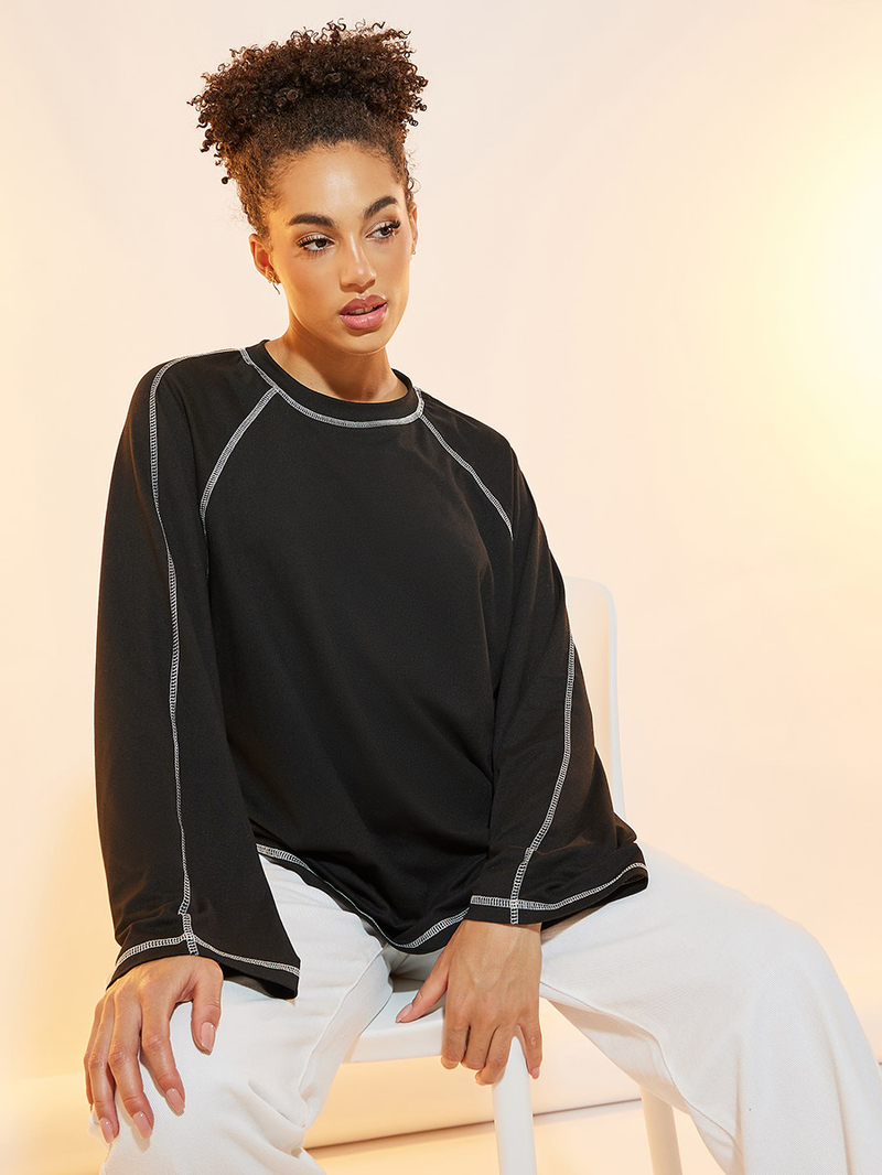 Buy Contrast Top Stitching Raglan Sleeve T-Shirt Black For